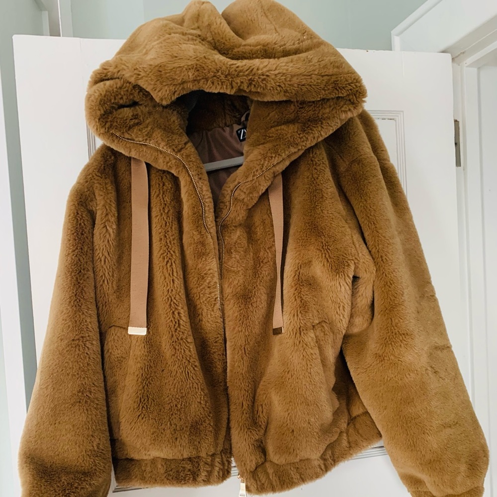 Zara hooded faux fur coat